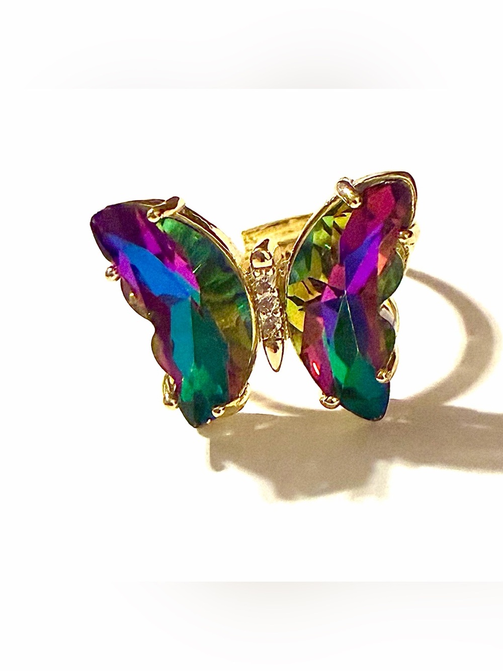 Multicolored Iridescent Crystal Butterfly Adjustable Ring